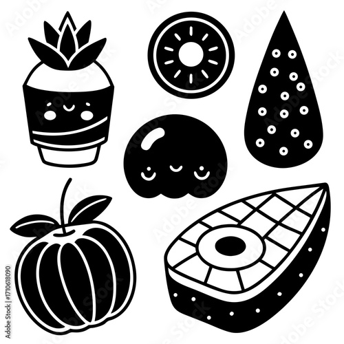 Vector art of cute kawaii food and plant doodles