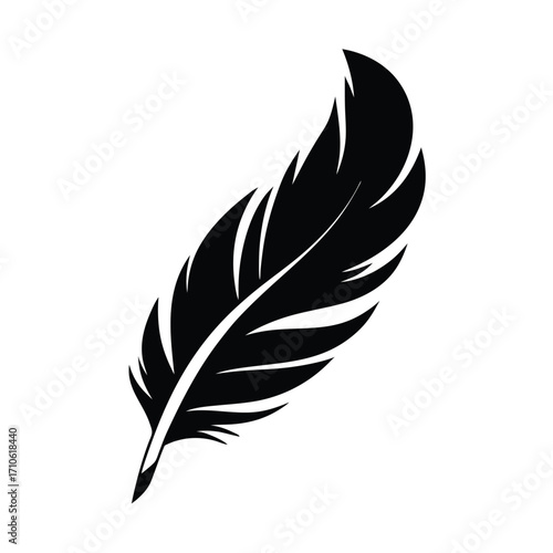 A monochrome black feather is curved slightly inward against the white background here