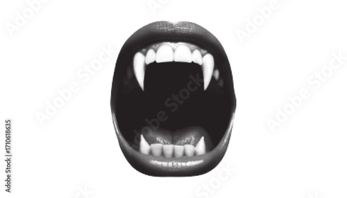 Halftone screaming gothic horror vampire mouth. Dotted icon of wide open lips with fangs in pop art style. Retro collage design element.  