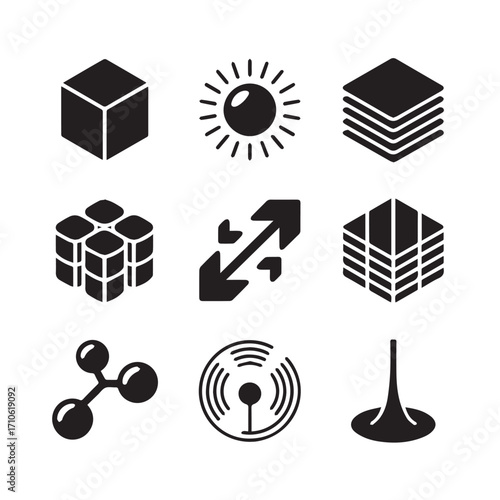Collection of nine distinct black geometric and abstract icons representing concepts like cubes sun layers molecules and data on a white background