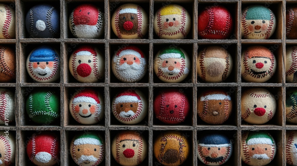 Fototapeta premium Unique Collection of Painted Baseballs Featuring Holiday Characters