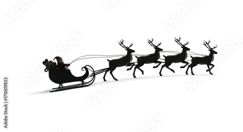 Silhouette of santa claus riding a reindeer pulled sleigh in winter