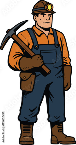 A miner standing with a pickaxe, wearing overalls and a helmet.
