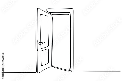Minimalist line art of an open doorway on a white background