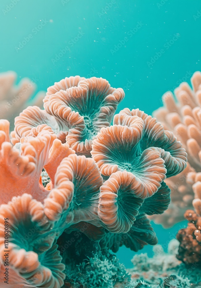 Obraz premium Close-up of vibrant coral formations with intricate patterns and textures against a clear turquoise ocean backdrop.