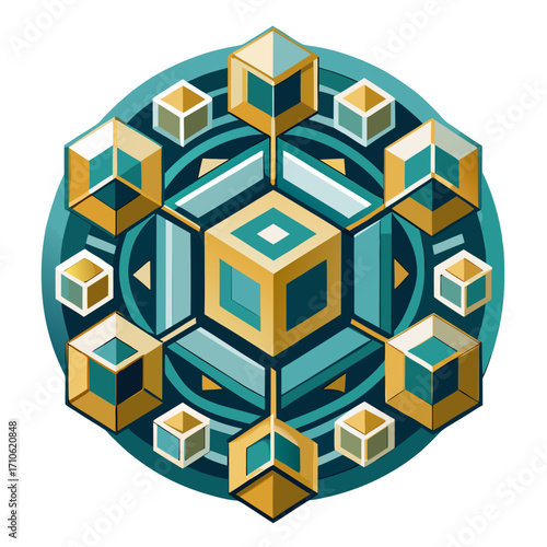 Vector art of geometric snowflake pattern with gold and teal cubes