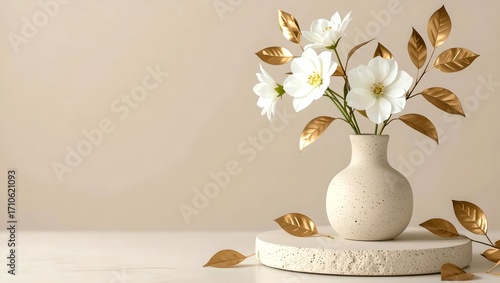 A minimalist beige stone product display image featuring a small vase of white flowers on the right side