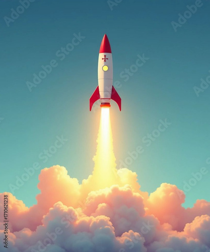 Rocket Launching into the Sky: Witness the awe-inspiring ascent of a rocket, piercing through clouds of vapor and smoke, symbolizing innovation, progress, and the limitless frontier of space.