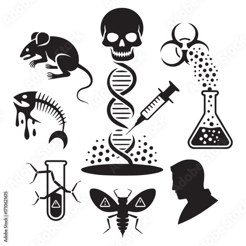 Collection of scientific and medical research icons representing genetic modification disease and biological hazards in a circular arrangement