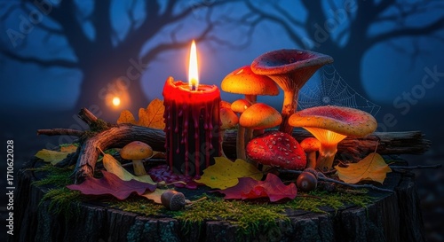 Mystical Enchanted Forest Scene With Glowing Mushrooms and Burning Candle