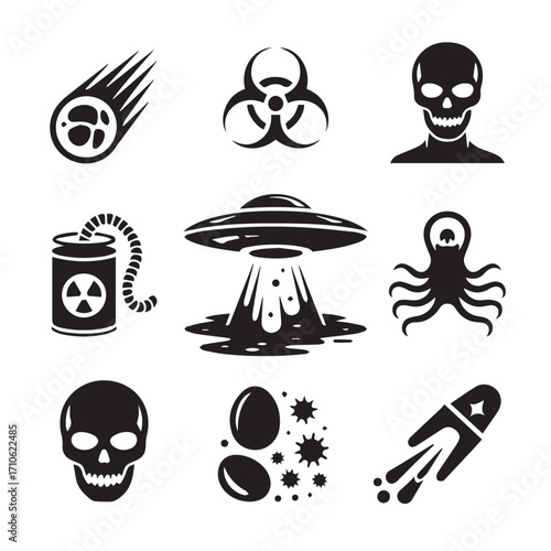 Collection of sci fi and horror themed icons featuring a meteor ufo alien skull biohazard symbol and radiation danger