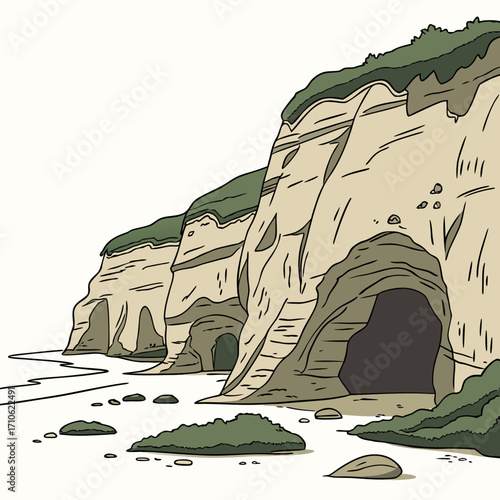 Stylized illustration of coastal cliffs with caves and vegetation on a sandy beach