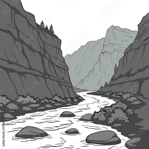 Stylized illustration of a winding river flowing through a dramatic canyon with rocky cliffs and sparse vegetation