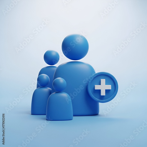 3d icon representing a group of people with a plus symbol, symbolizing adding new members or users