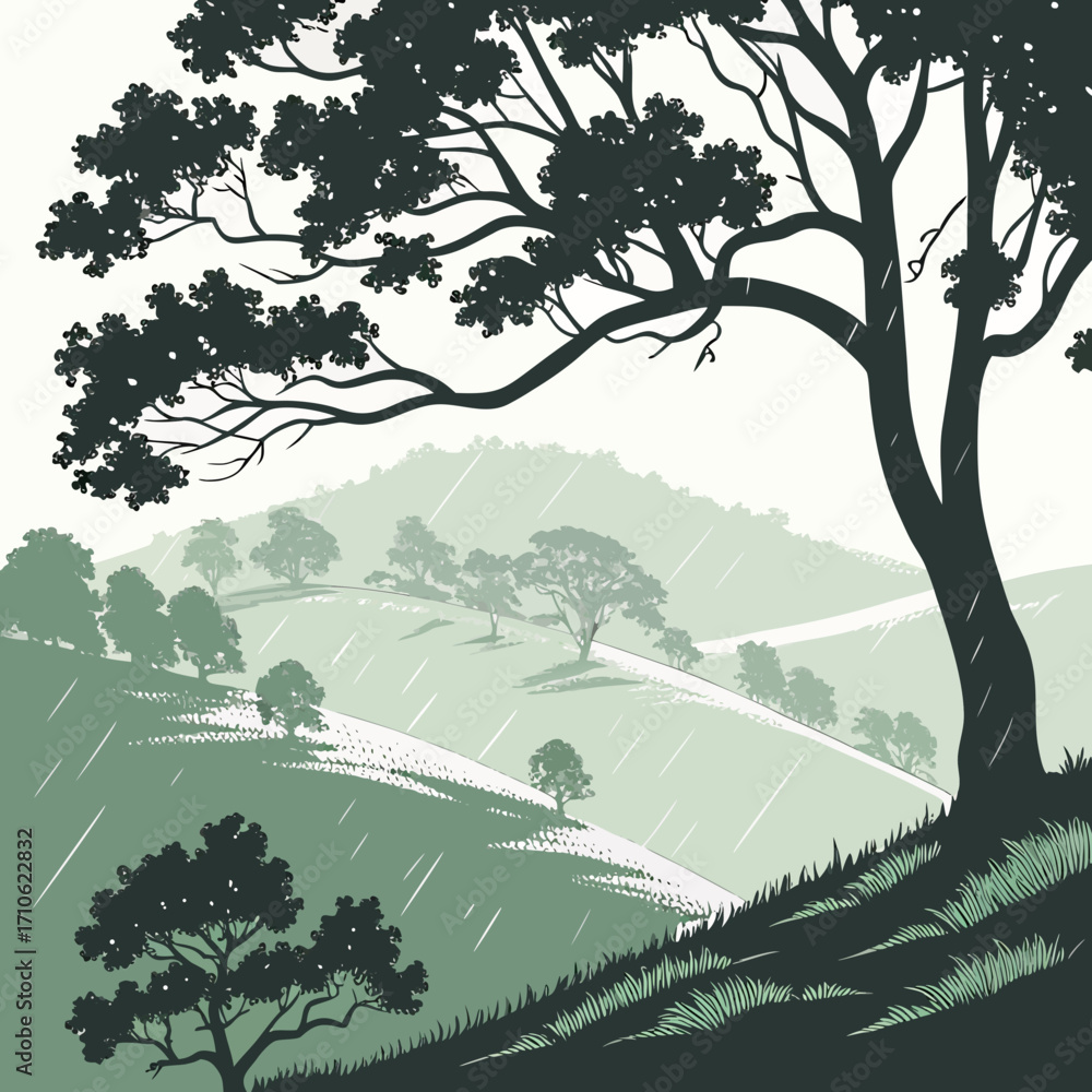 Naklejka premium Silhouetted trees on rolling hills under a gentle rain shower in a muted green landscape