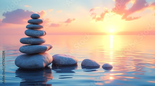 A pastel sunset painting over calm water with balanced stones, The sunset should be positioned on the left side of the canvas