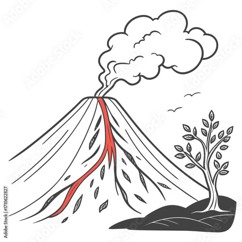Stylized hand drawn illustration of a volcano erupting with lava flowing down its slopes and smoke billowing into the sky