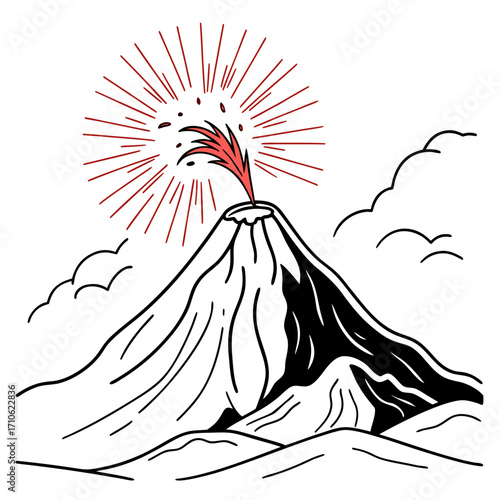 Stylized illustration of a volcano erupting with red lava and smoke against a white background with clouds