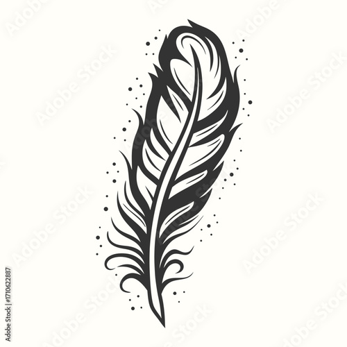 An abstract dark gray feather with dark dots floats in the air