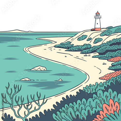 Stylized illustration of a serene coastal landscape featuring a white lighthouse on a grassy hill overlooking a calm turquoise bay and sandy beach