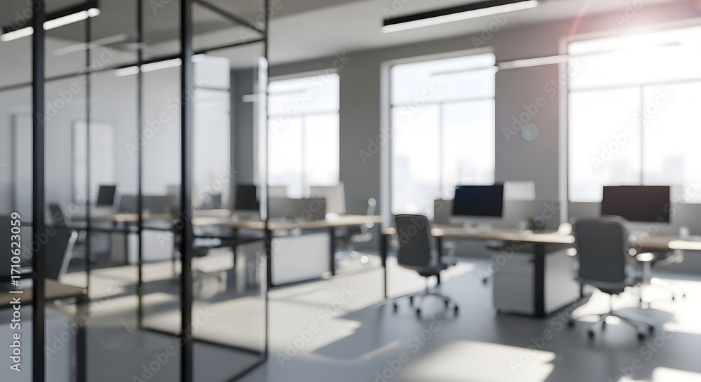 Fototapeta premium Modern open plan office space with workstations and large windows illuminated by natural light