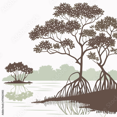Stylized illustration of mangrove trees with exposed roots growing in calm water with reflections and distant foliage