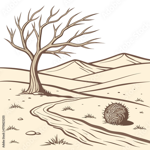 Stylized illustration of a barren desert landscape with a lone dead tree and a tumbleweed rolling by