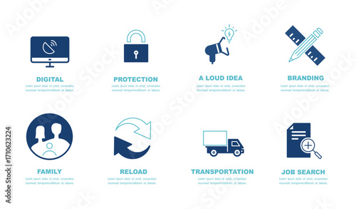 Business infographics icons. Legal services, SEO, sign. Set of investment icons. Economy, money fund, dollar, investor, assets, risk management, financial profit, blue design. Vector illustration