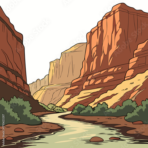 Stylized illustration of a winding river flowing through a vast canyon with layered rock formations and green vegetation