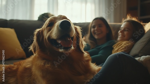 Cheerful family relaxing with pet dog high resolution picture