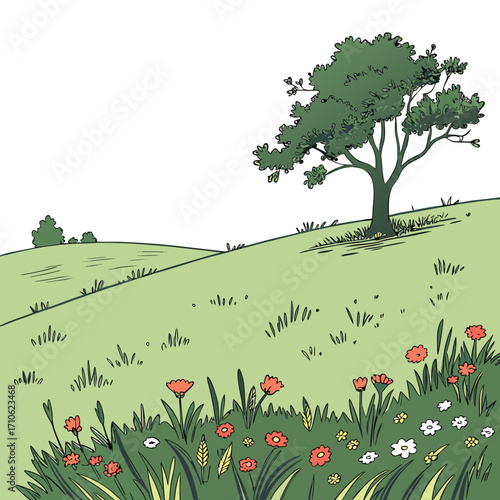 A charming hand drawn illustration of rolling green hills dotted with wildflowers and a solitary tree under a clear sky