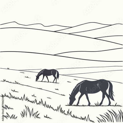 Two dark silhouette horses grazing peacefully in a vast open field with rolling hills in the background