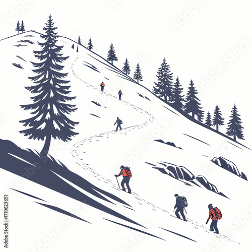 Group of hikers ascending a snowy mountain trail with pine trees and rocky outcrops on a clear day