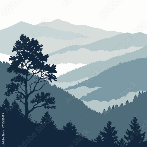 Serene mountain landscape silhouette with a lone tree overlooking misty valleys and layered peaks