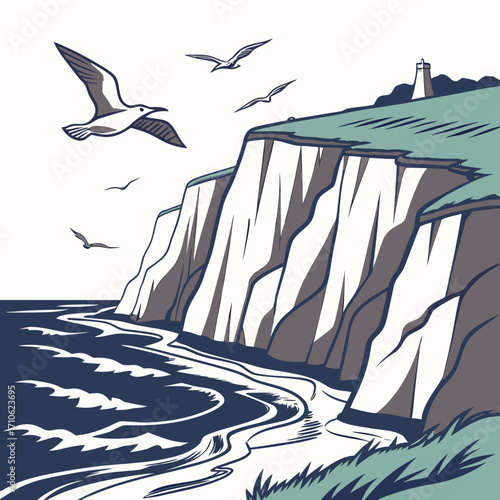 Stylized illustration of white chalk cliffs meeting the dark blue ocean with seagulls flying overhead and a distant lighthouse on the grassy clifftop