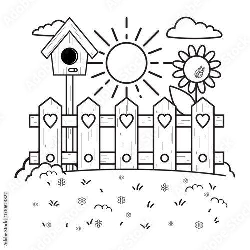 Coloring. Design of a cozy courtyard in cartoon style.