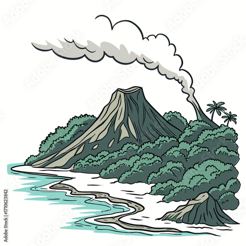 Cartoon illustration of a tropical island with two smoking volcanoes surrounded by lush green trees and a sandy beach