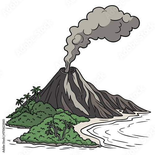 Cartoon illustration of a smoking volcano erupting on a tropical island with palm trees and a sandy beach