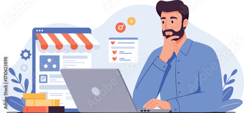 Man Working on Laptop Near Online Store Concept