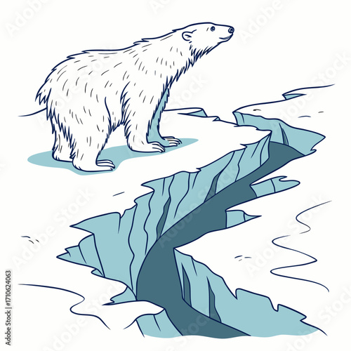A lone polar bear stands on cracked ice floes with a deep fissure in the arctic landscape