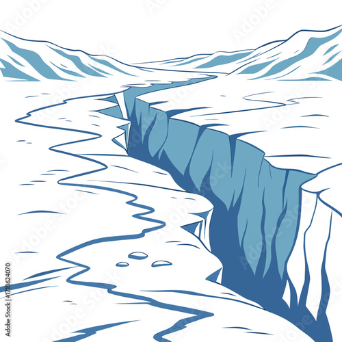 A dramatic deep blue glacial crevasse splits a vast icy landscape under a pale sky