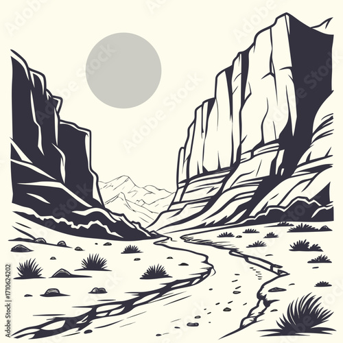 Stylized illustration of a winding desert canyon path under a large pale sun with distant mountains