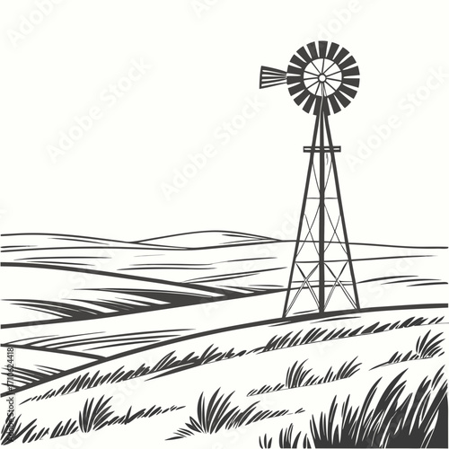 A classic american farm windmill stands tall in a stylized landscape of rolling hills and grassy fields