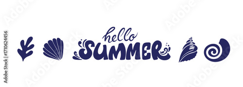 Hello Summer Typography. Summer lettering design with stylised seashells, coral. Vector typography illustration for seasonal posters, cards, banners, beach party invitations, and holiday branding.