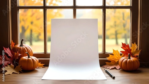 Autumn themed artwork featuring a blank paper on a wooden desk with an autumn window view in a watercolor style