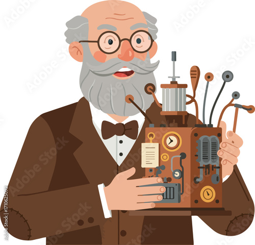 An elderly inventor with a grey beard and glasses proudly holding an intricate, old-fashioned machine with dials, gears, and levers.