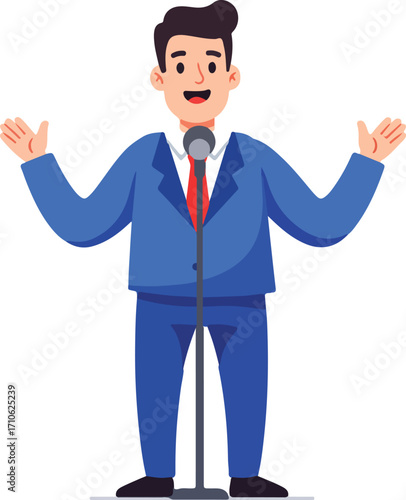 A cheerful cartoon man in a blue suit and red tie stands behind a microphone with arms open, presenting or speaking.