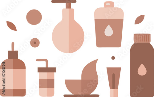 Set of nine minimalist skincare product icons and labels