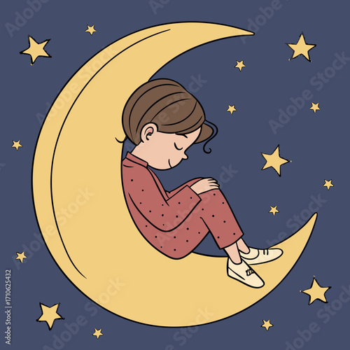 little girl sleeping on the moon