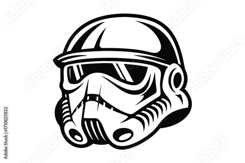 An iconic helmet design showcases strong black outlines and evokes a futuristic aesthetic